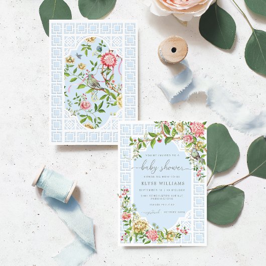 Blue Chinoiserie Baby shower Invitation - Trianon Kaart