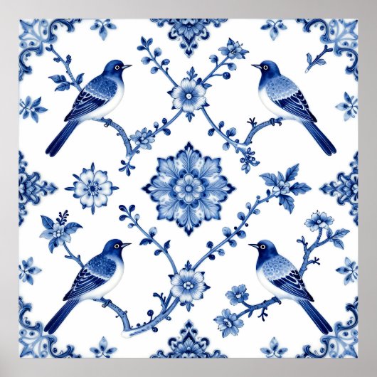 Blue Chinoiserie Bird Floral Pattern Poster (Voorkant)