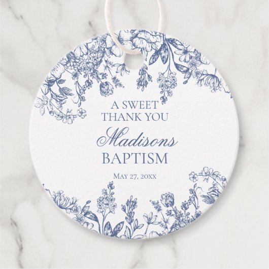 Blue Chinoiserie Bloemen Doopcirkel Bedankjes Labels (Voorkant)