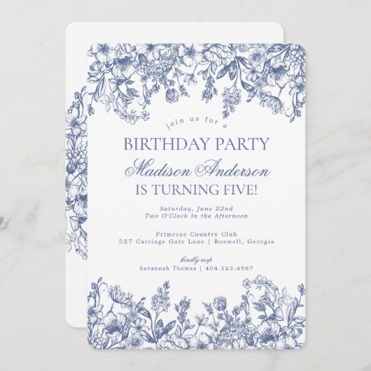 Blue Chinoiserie  Bloemen Verjaardagsfeest Kaart (Voorkant / Achterkant)