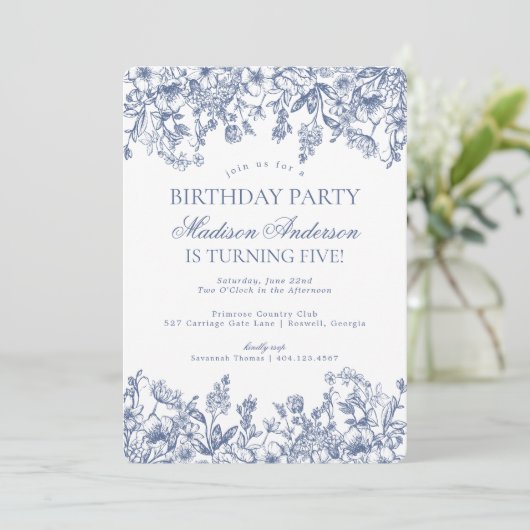 Blue Chinoiserie  Bloemen Verjaardagsfeest Kaart (Staand voorkant)