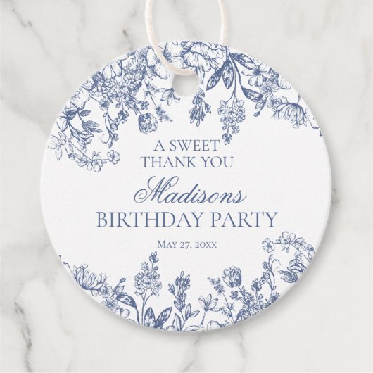 Blue Chinoiserie  Bloemen Verjaardagskring Bedankjes Labels (Voorkant)