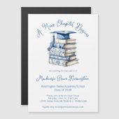 Blue Chinoiserie Books Nieuw Chapter Afstuderen Magnetische Uitnodiging (Voorkant / Achterkant)