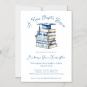 Blue Chinoiserie Books Nieuw Chapter Afstuderen Magnetische Uitnodiging (Voorkant)