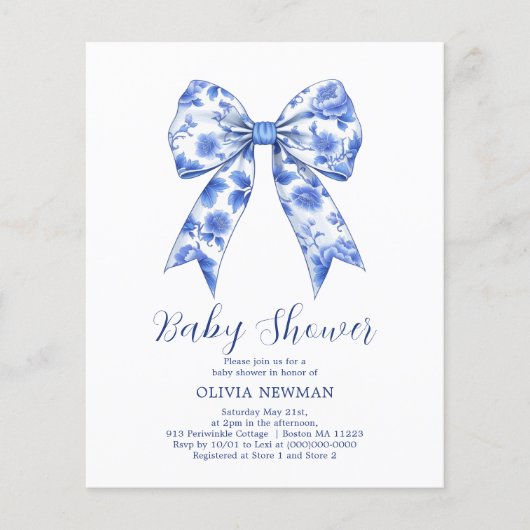 Blue Chinoiserie Bow Baby shower Invitation (Voorkant)