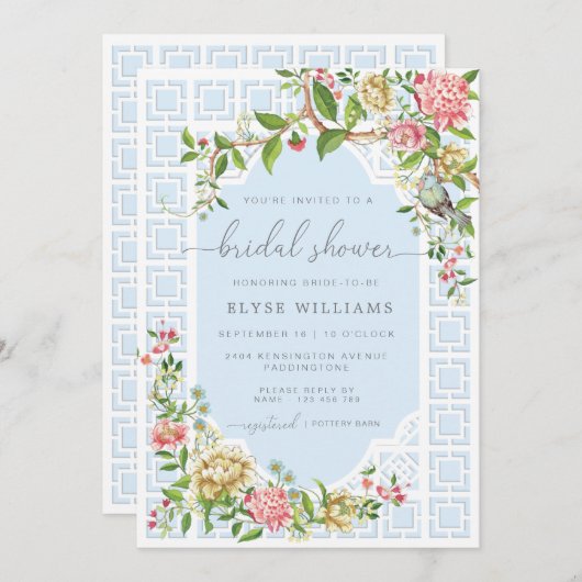 Blue Chinoiserie Bridal Shower Invitation Trianon Kaart (Voorkant / Achterkant)
