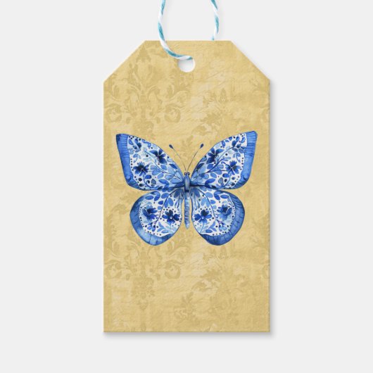 Blue Chinoiserie Butterflies Damask Cadeaulabel (Voorkant)