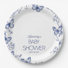 Blue Chinoiserie Butterfly Baby shower Ronde Papieren Bordje