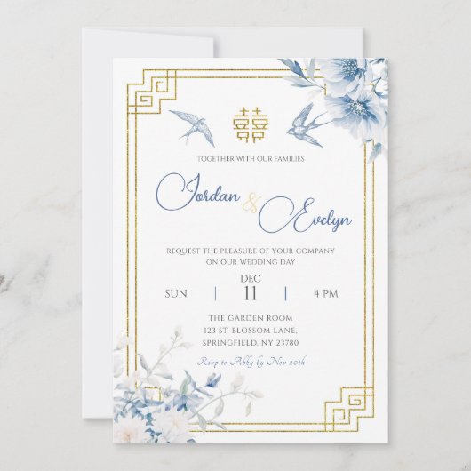 Blue Chinoiserie Chinese bruiloft uitnodiging (Voorkant)