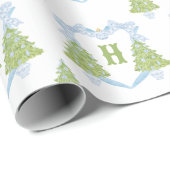 Blue Chinoiserie Christmas Tree Monogram Crest Cadeaupapier (Rol Hoek)