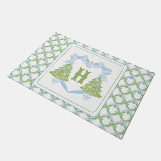 Blue Chinoiserie Christmas Tree Monogram Crest Deurmat (Schuin)