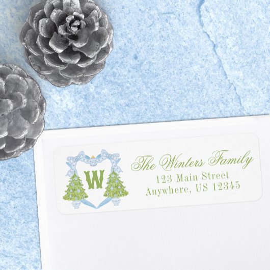 Blue Chinoiserie Christmas Tree Monogram Crest Etiket