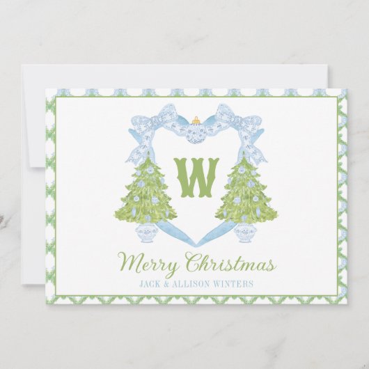 Blue Chinoiserie Christmas Tree Monogram Crest Feestdagenkaart (Voorkant)
