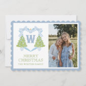 Blue Chinoiserie Christmas Tree Monogram Crest Feestdagenkaart (Voorkant)