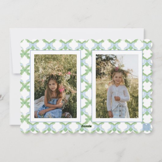 Blue Chinoiserie Christmas Tree Monogram Crest Feestdagenkaart (Achterkant)