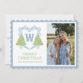 Blue Chinoiserie Christmas Tree Monogram Crest Feestdagenkaart (Voorkant)