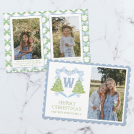 Blue Chinoiserie Christmas Tree Monogram Crest Feestdagenkaart