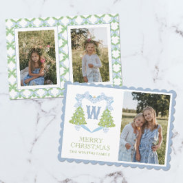 Blue Chinoiserie Christmas Tree Monogram Crest Feestdagenkaart