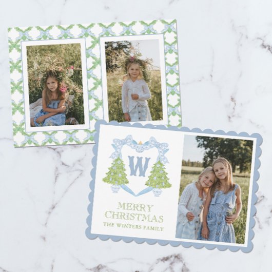 Blue Chinoiserie Christmas Tree Monogram Crest Feestdagenkaart