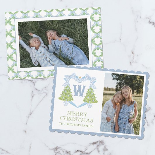 Blue Chinoiserie Christmas Tree Monogram Crest Feestdagenkaart