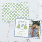 Blue Chinoiserie Christmas Tree Monogram Crest Feestdagenkaart