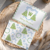 Blue Chinoiserie Christmas Tree Monogram Crest Feestdagenkaart