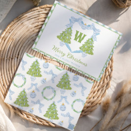 Blue Chinoiserie Christmas Tree Monogram Crest Feestdagenkaart