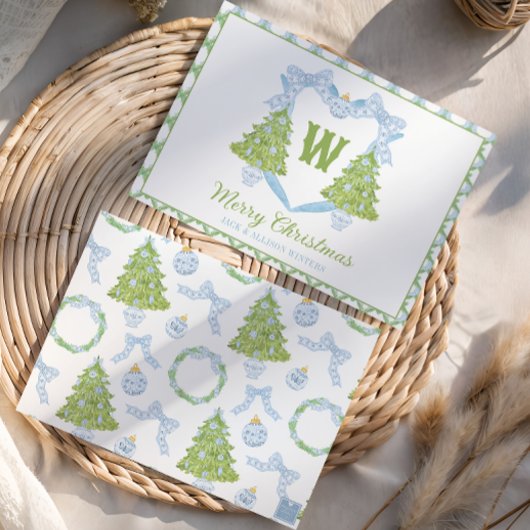 Blue Chinoiserie Christmas Tree Monogram Crest Feestdagenkaart