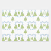 Blue Chinoiserie Christmas Tree Monogram Crest Inpakpapier Vel (Voorkant 3)