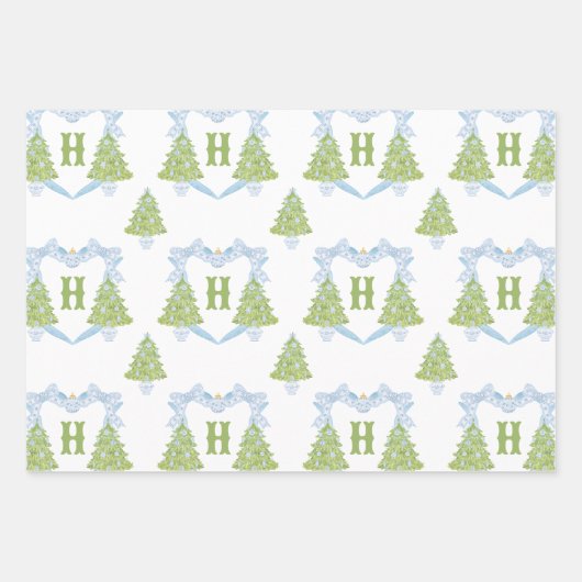 Blue Chinoiserie Christmas Tree Monogram Crest Inpakpapier Vel (Voorkant 2)
