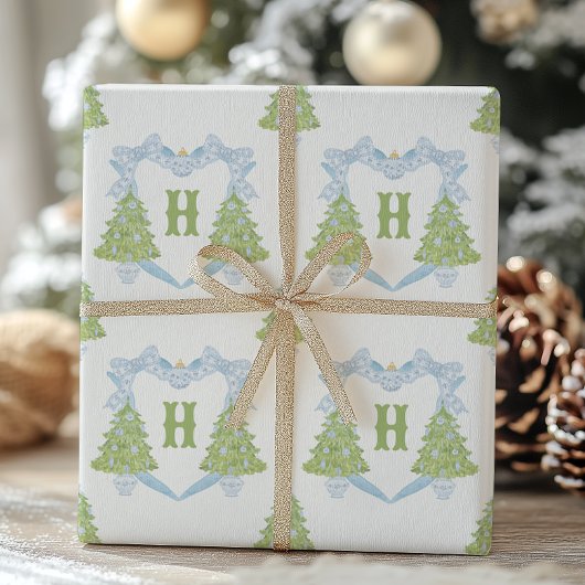 Blue Chinoiserie Christmas Tree Monogram Crest Inpakpapier Vel