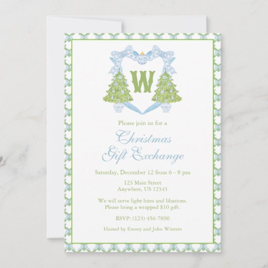 Blue Chinoiserie Christmas Tree Monogram Crest Kaart (Voorkant)