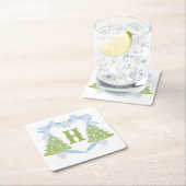 Blue Chinoiserie Christmas Tree Monogram Crest Kartonnen Onderzetters (Insitu)