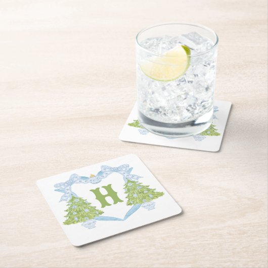 Blue Chinoiserie Christmas Tree Monogram Crest Kartonnen Onderzetters (Insitu)