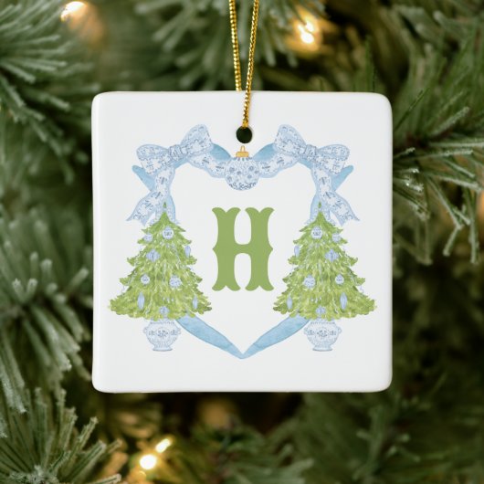 Blue Chinoiserie Christmas Tree Monogram Crest Keramisch Ornament (Boom)