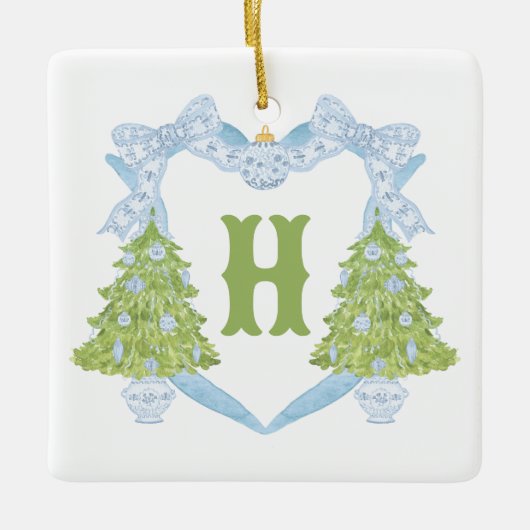 Blue Chinoiserie Christmas Tree Monogram Crest Keramisch Ornament (Voorkant)