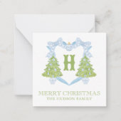 Blue Chinoiserie Christmas Tree Monogram Crest Notitiekaartje (Voorkant)