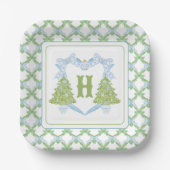 Blue Chinoiserie Christmas Tree Monogram Crest Papieren Bordje (Voorkant)
