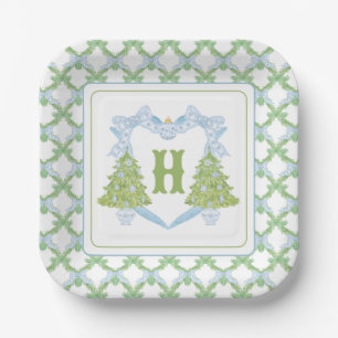 Blue Chinoiserie Christmas Tree Monogram Crest Papieren Bordje