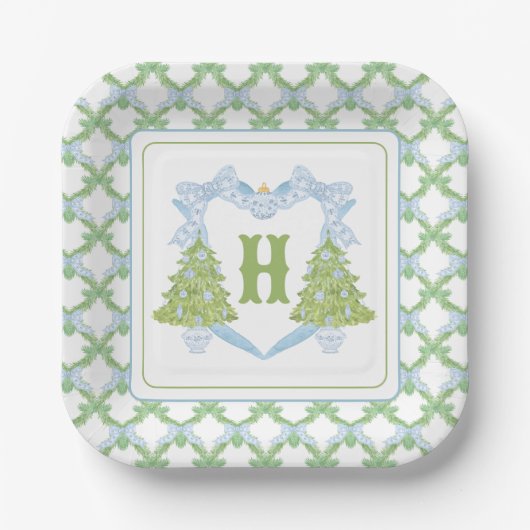 Blue Chinoiserie Christmas Tree Monogram Crest Papieren Bordje (Voorkant)