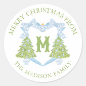 Blue Chinoiserie Christmas Tree Monogram Crest Ronde Sticker (Voorkant)