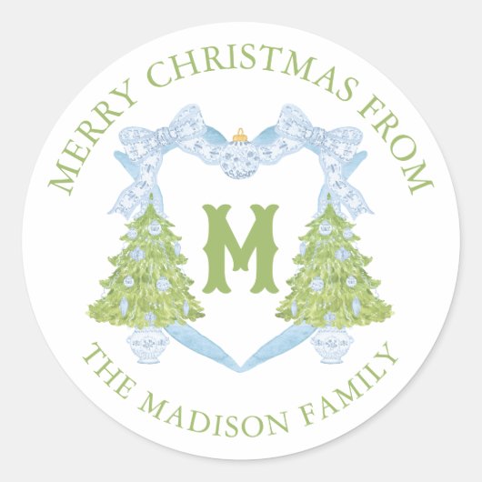 Blue Chinoiserie Christmas Tree Monogram Crest Ronde Sticker (Voorkant)