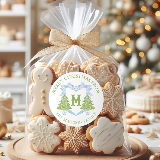 Blue Chinoiserie Christmas Tree Monogram Crest Ronde Sticker