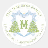 Blue Chinoiserie Christmas Tree Monogram Crest Ronde Sticker (Voorkant)