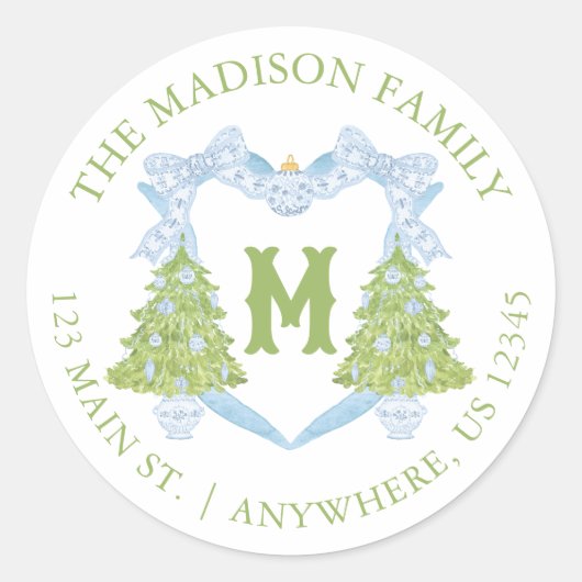 Blue Chinoiserie Christmas Tree Monogram Crest Ronde Sticker (Voorkant)