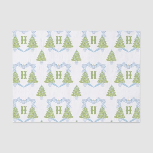Blue Chinoiserie Christmas Tree Monogram Crest Tissuepapier (Voorkant)