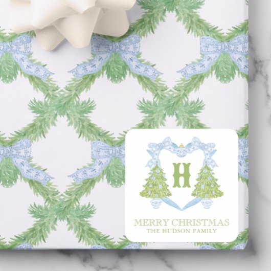 Blue Chinoiserie Christmas Tree Monogram Crest Vierkante Sticker