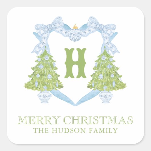 Blue Chinoiserie Christmas Tree Monogram Crest Vierkante Sticker (Voorkant)