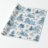 Blue Chinoiserie Christmas Village Wrapping Paper Cadeaupapier (Uitgerold)