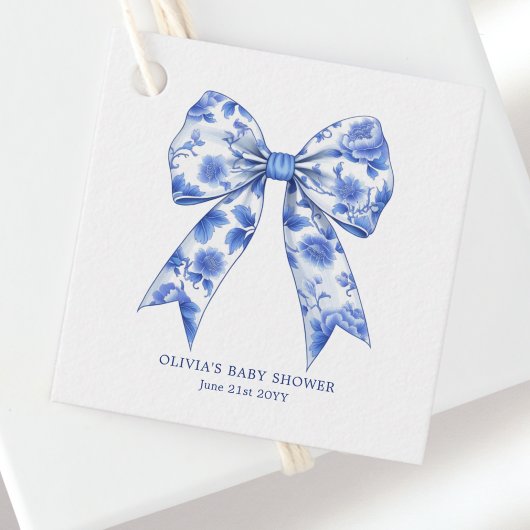 Blue Chinoiserie Coquette Bow Baby shower Bedankjes Labels